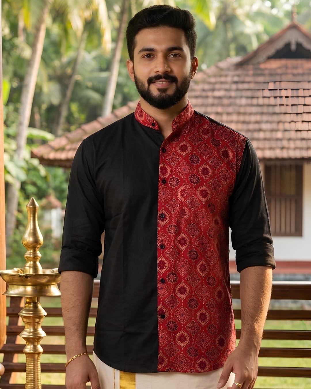 Black Edition – Half Plain Half Ajrakh Chinese Collar Shirt 
