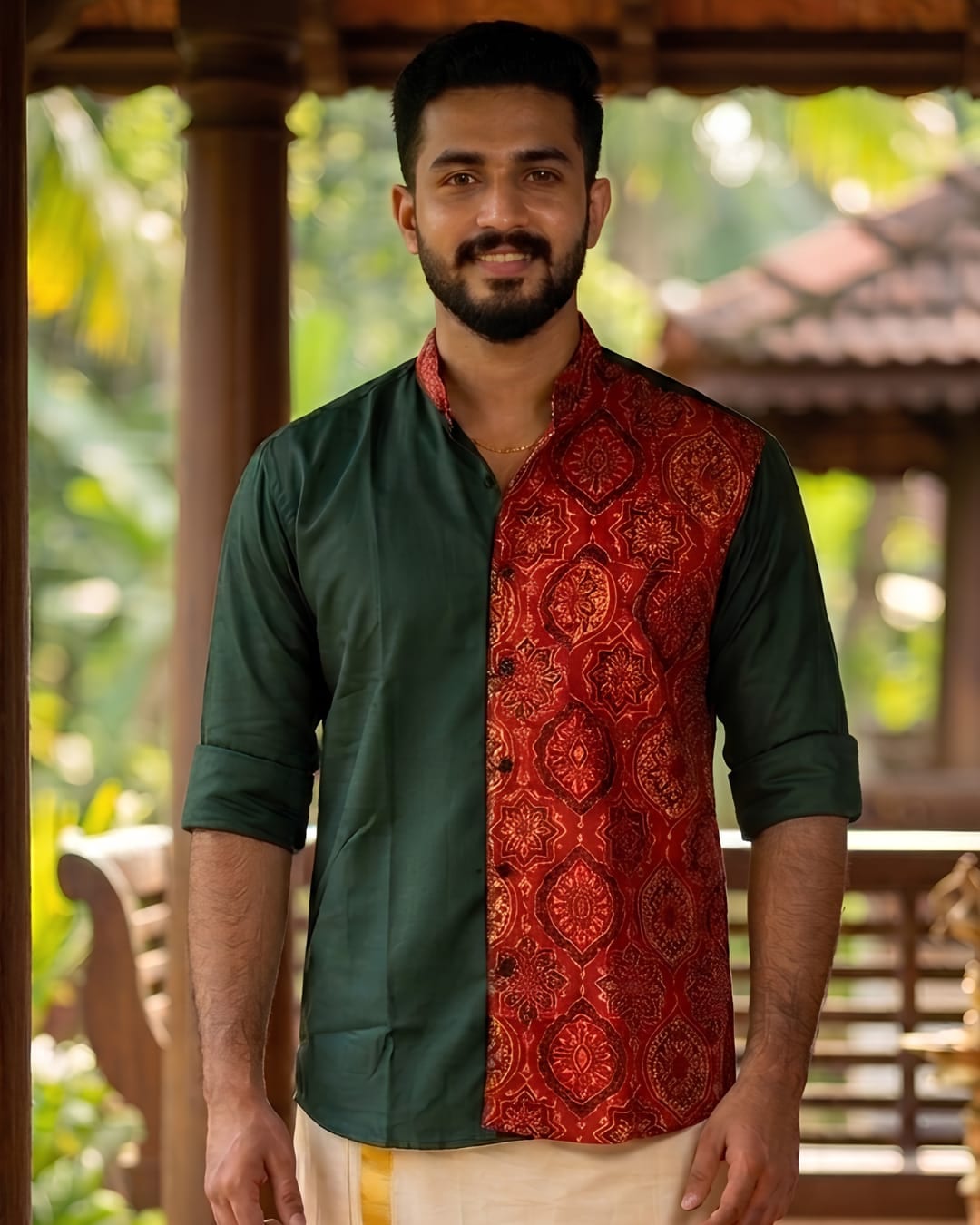 Green Edition – Half Plain Half Ajrakh Chinese Collar Shirt 