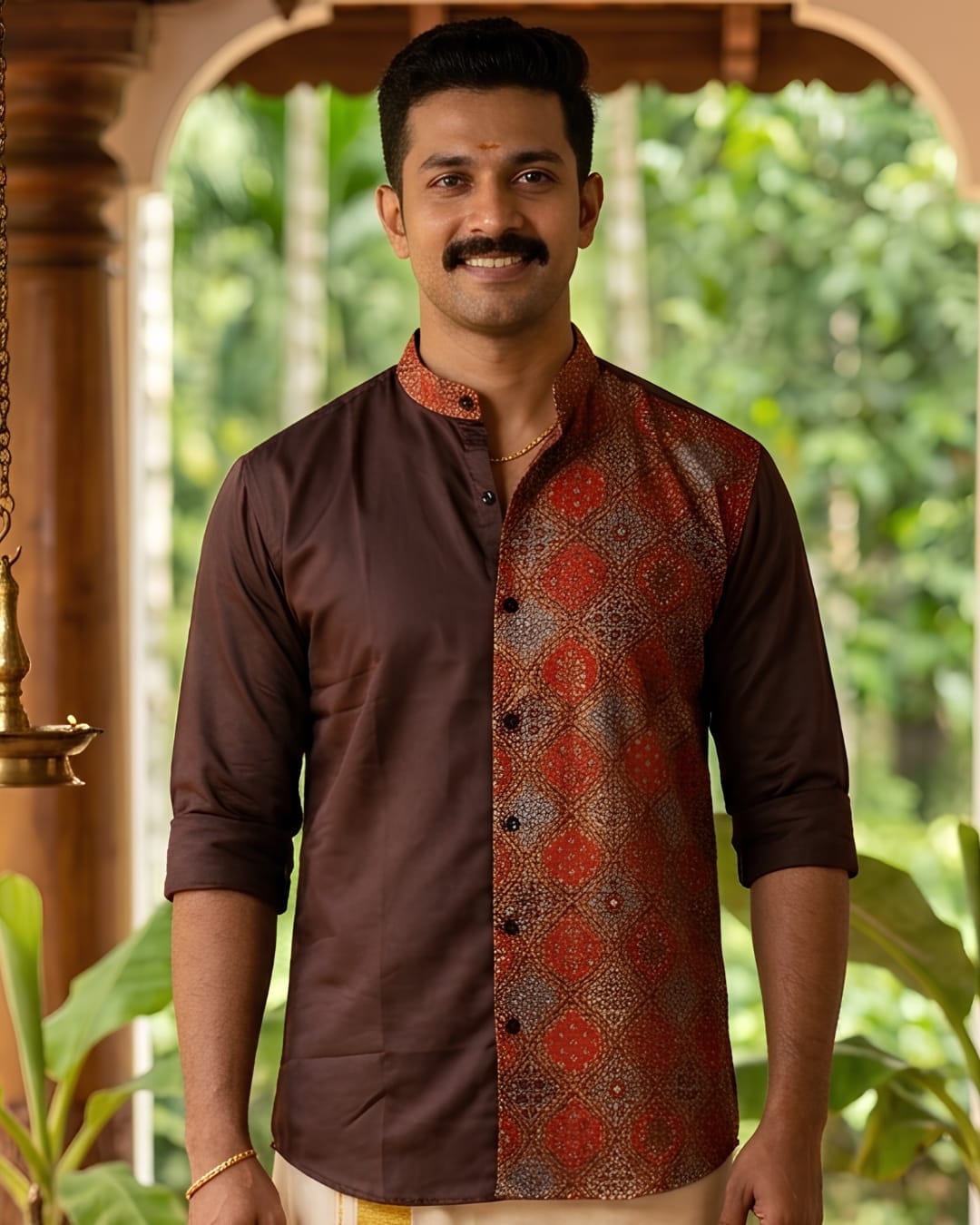 Brown Edition – Half Plain Half Ajrakh Chinese Collar Shirt 