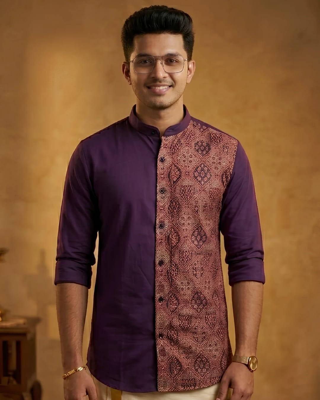 Purple Edition – Half Plain Half Ajrakh Chinese Collar Shirt 