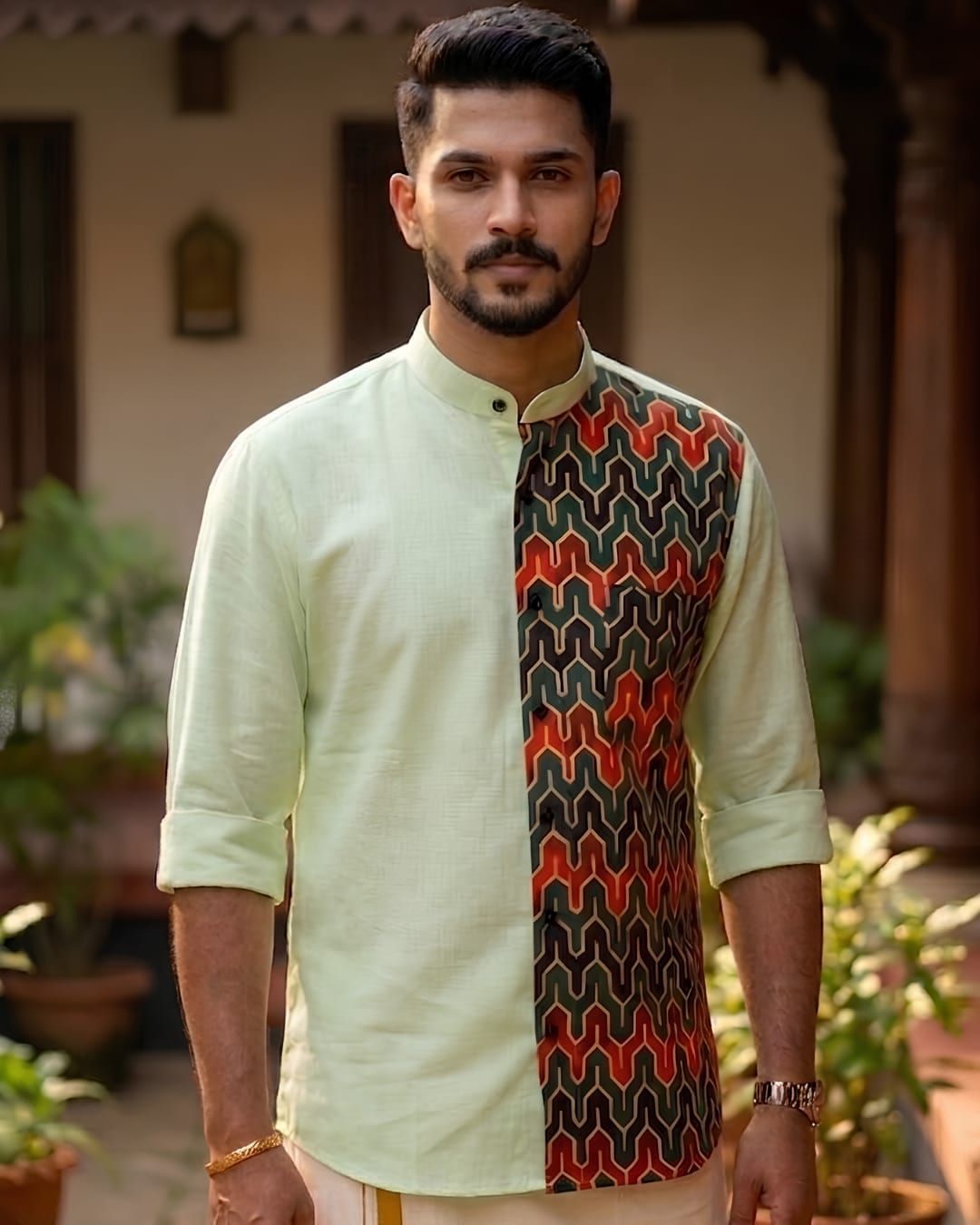 Tinted Pista Edition – Half Plain Half Ajrakh Chinese Collar Shirt 