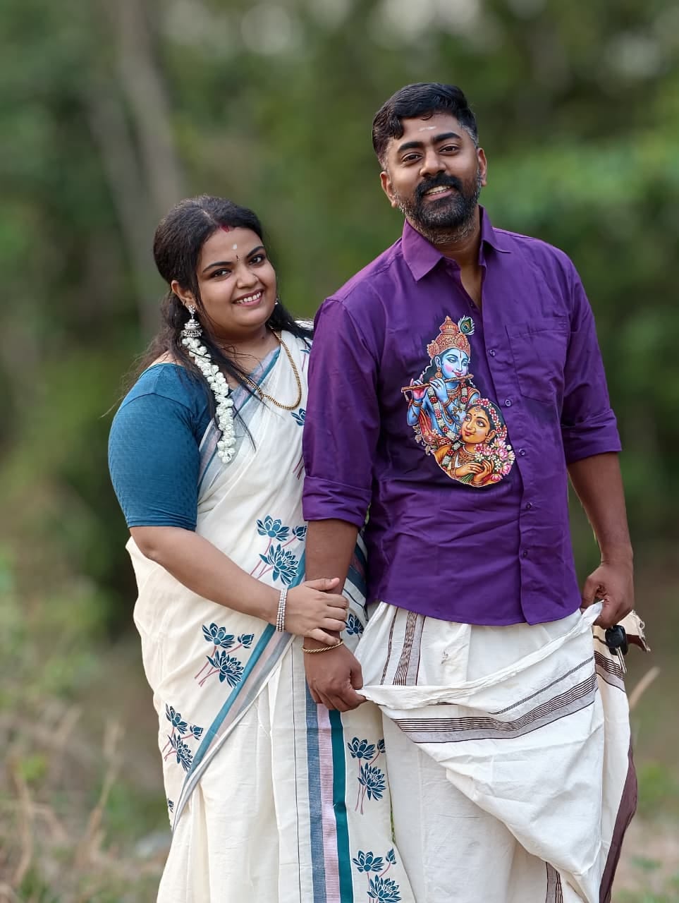 Radha Krishna Printed Shirt & Lotus Printed Set Mundu Combo