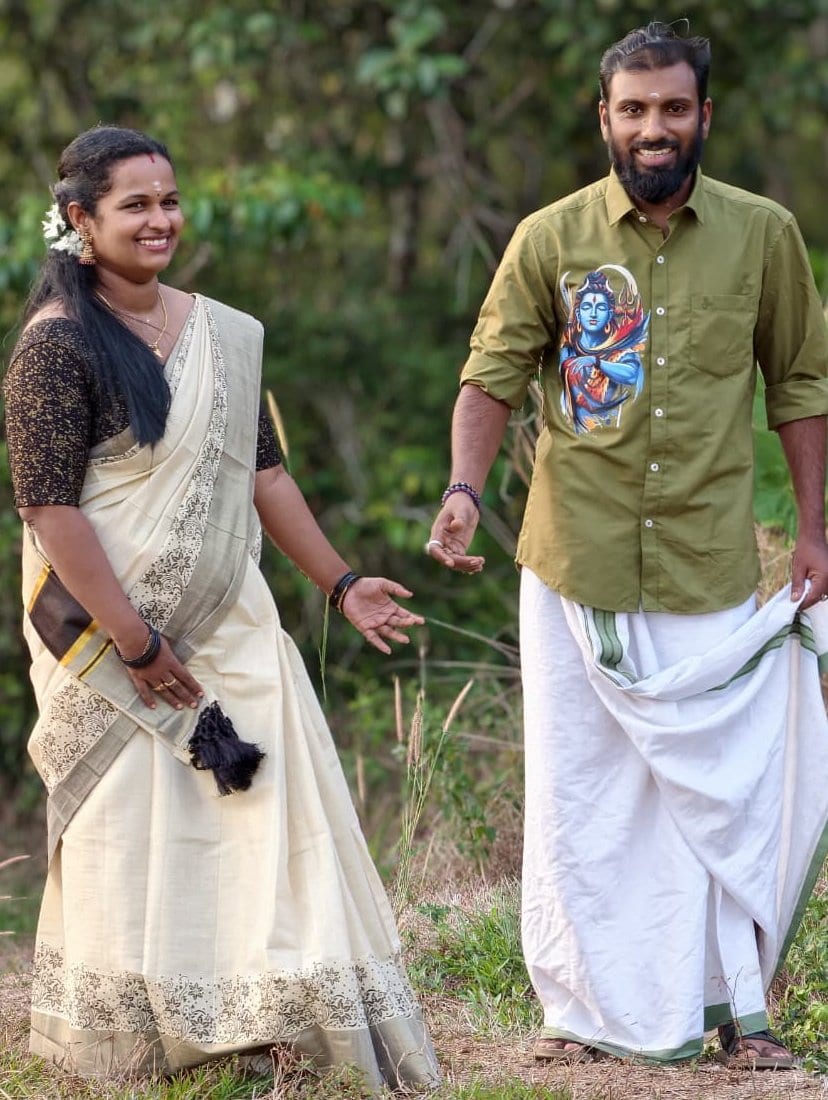 Shiva Printed Shirt & Floral Printed Tissue Kerala Saree Combo 