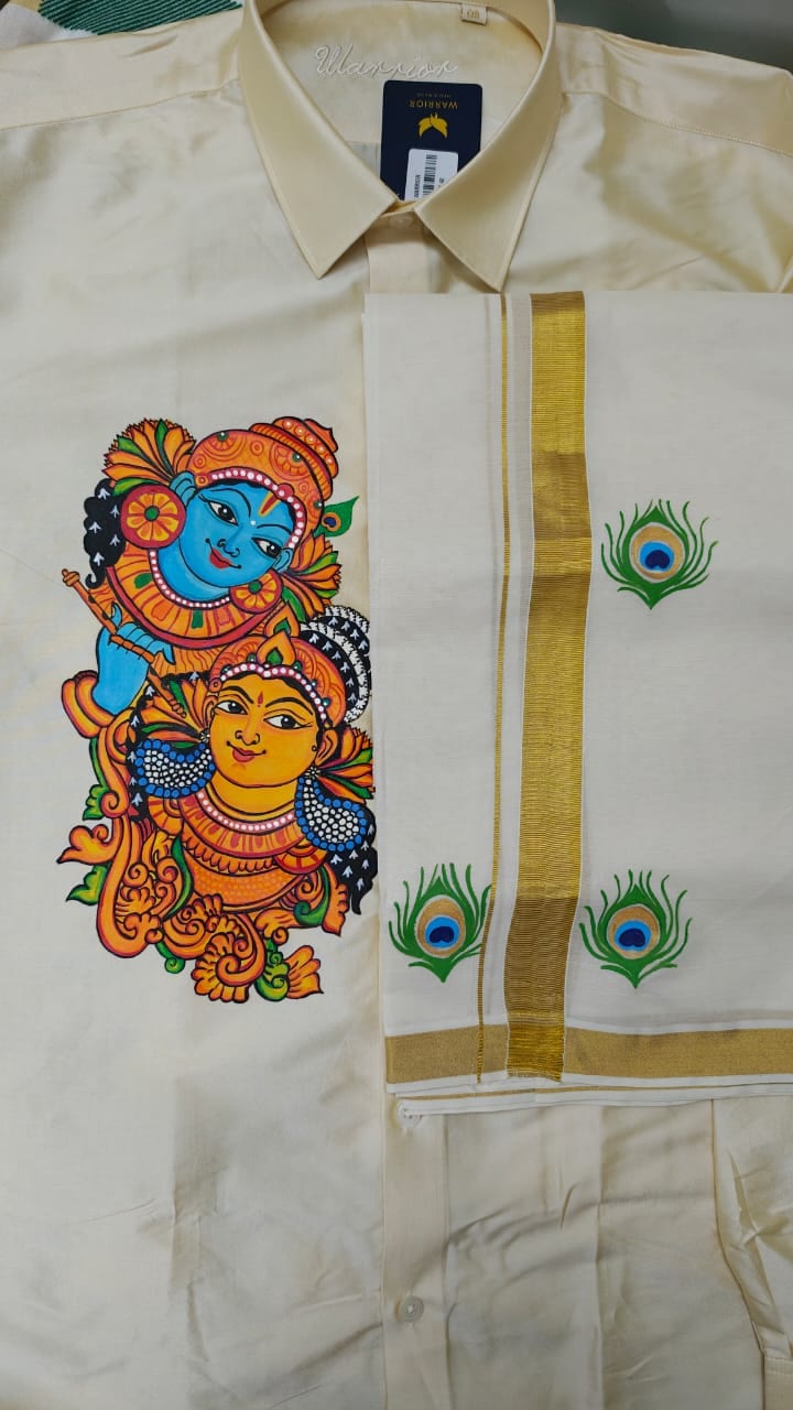 Handpainted Radha Krishna Shirt with Mayilpeeli Dhoti