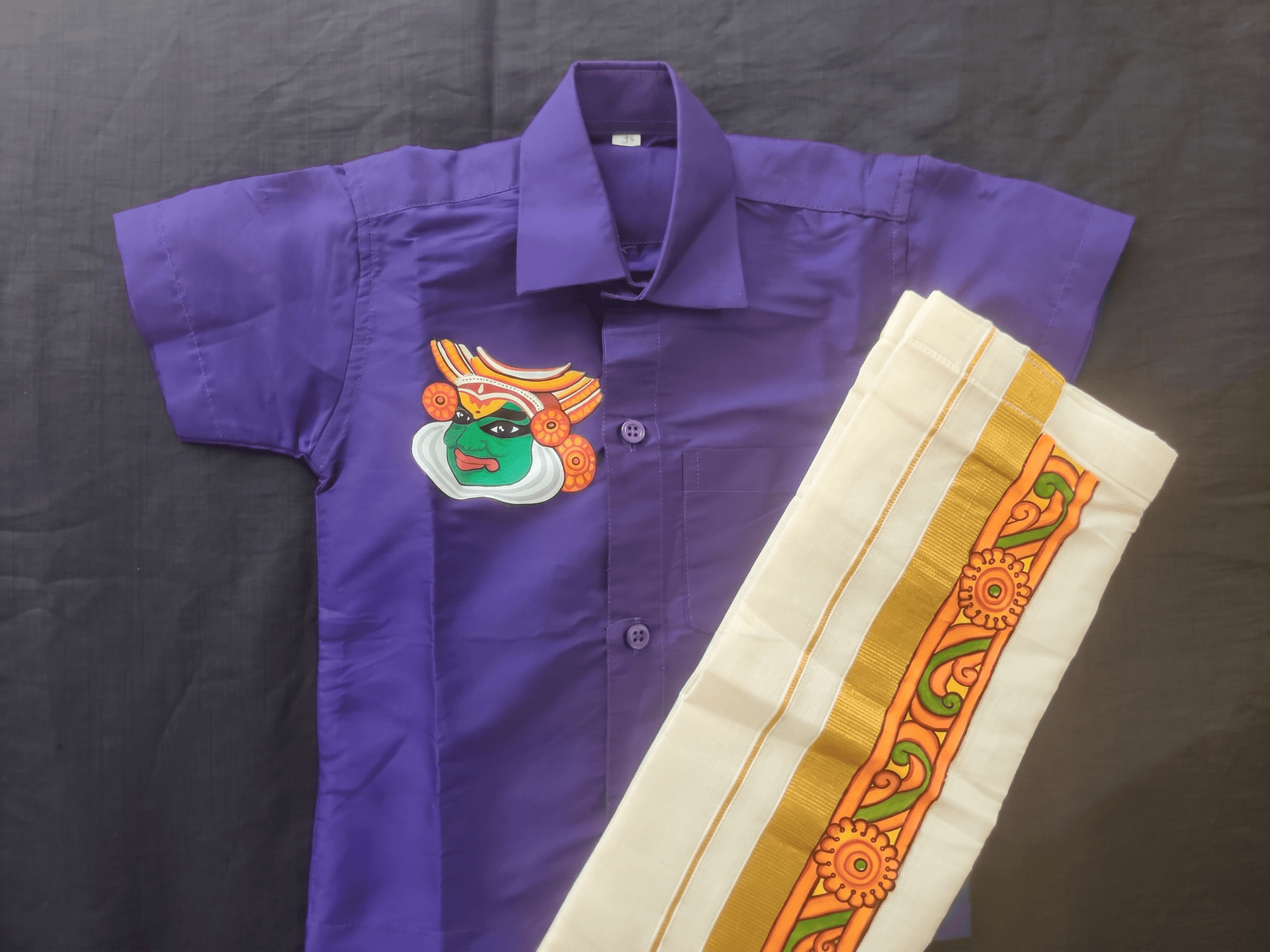 Kathakali Face Art Handpainted Shirt with Mural Painted Dhoti