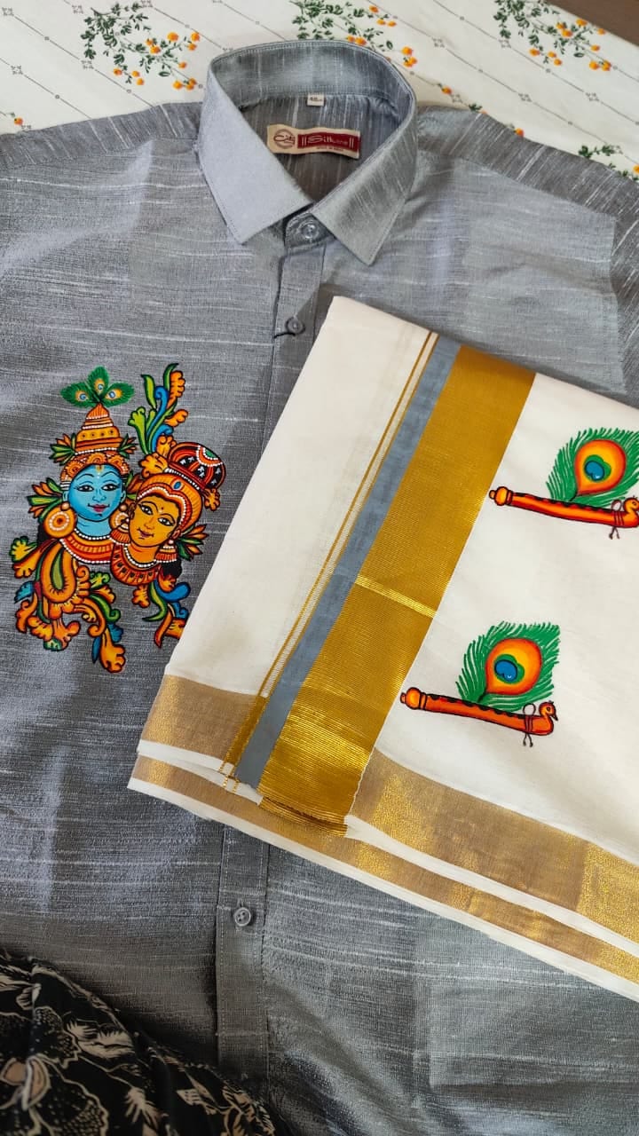 Handpainted Radha Krishna Shirt with Mayilpeeli Dhoti-Grey edition
