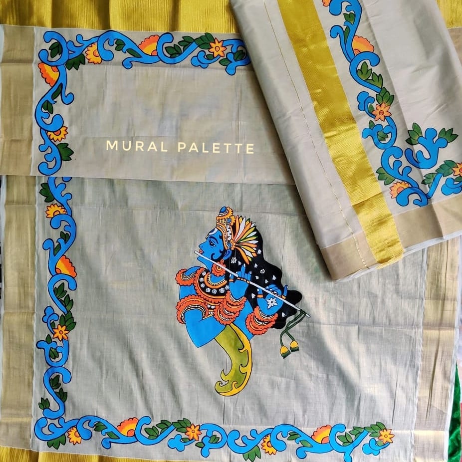 Krishna Theme Handpainted Tissue Set Mundu