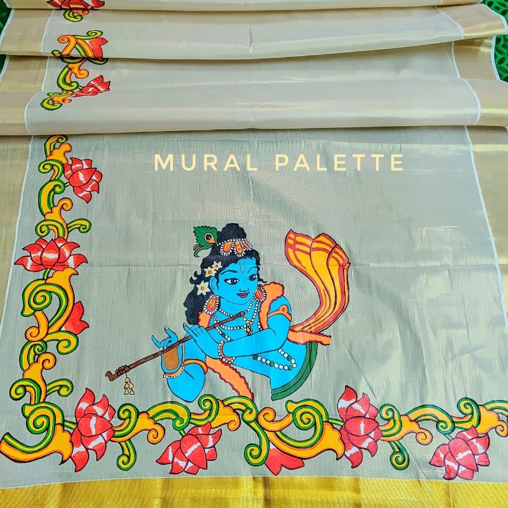 Divine Krishna with Lotus Theme Handpainted Tissue Set Mundu