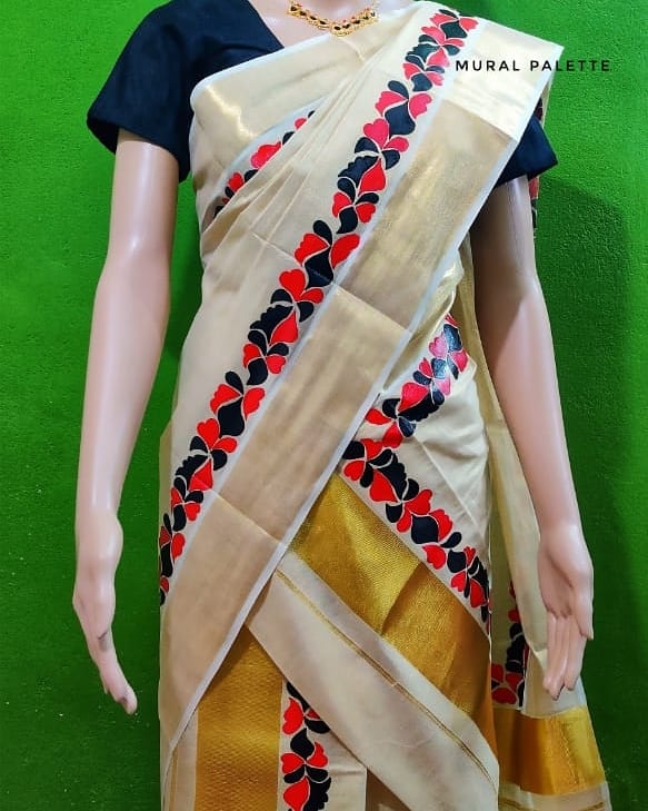 Black & Red Pattern Handpainted Tissue Set Mundu