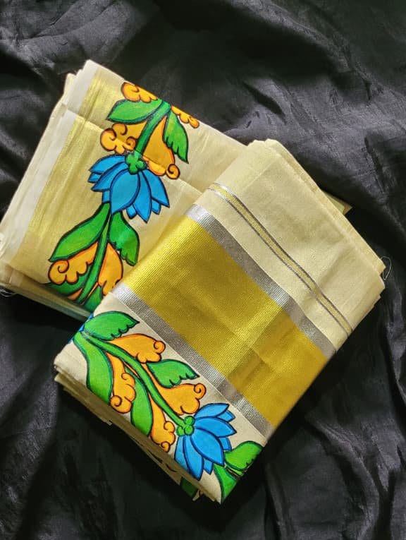 Floral Handpainted Tissue Set Mundu