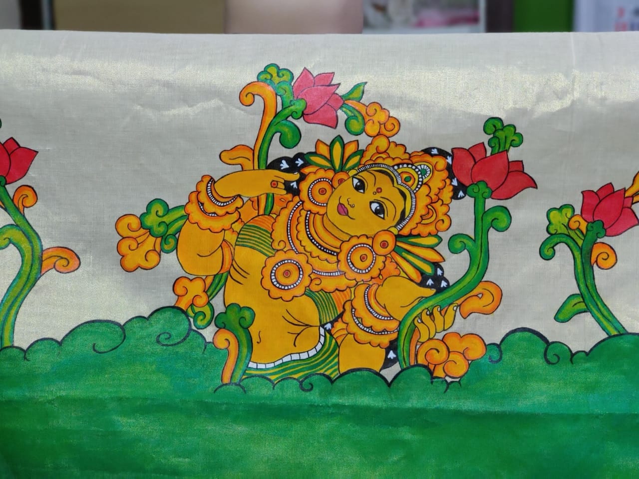 Radha Samedha Krishna Handpainted Tissue Kerala Saree