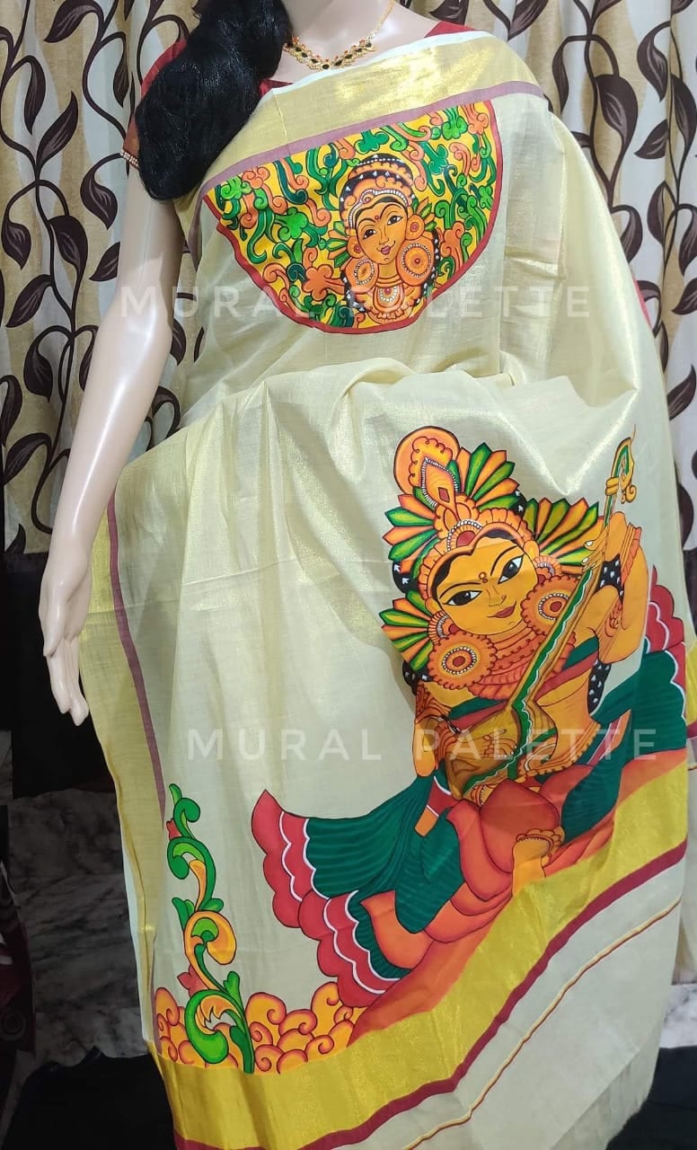 Saraswati Theme Hand painted Tissue Kerala Saree