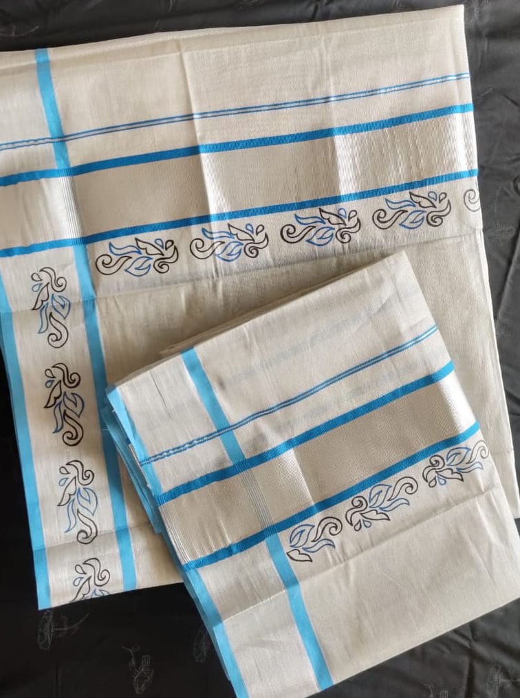 Line Art Pattern Handpainted Tissue Set Mundu