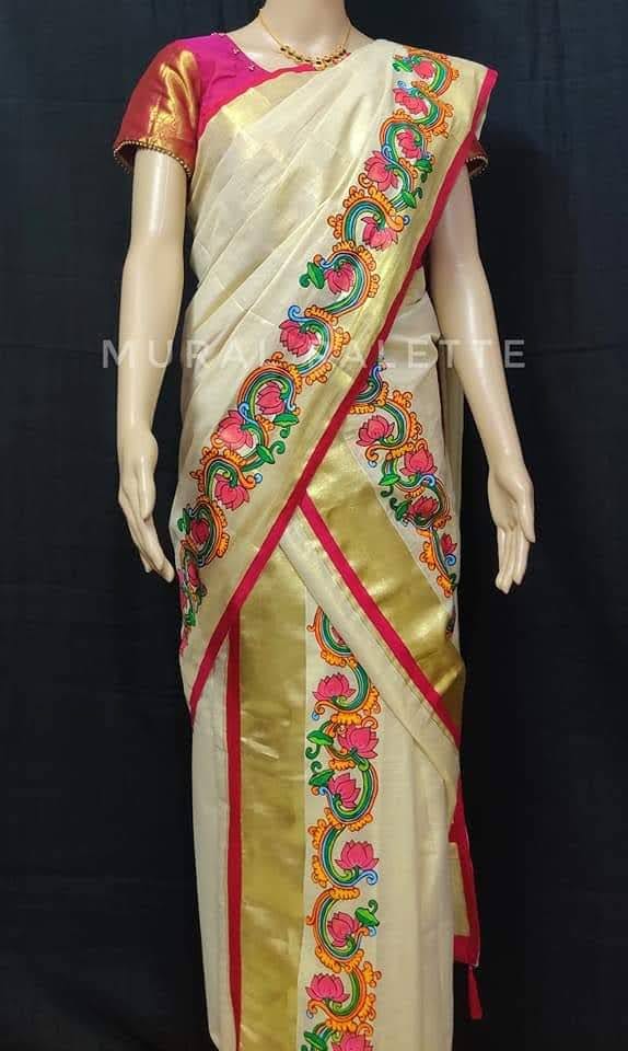 Lotus Mural Handpainted Tissue Set Mundu