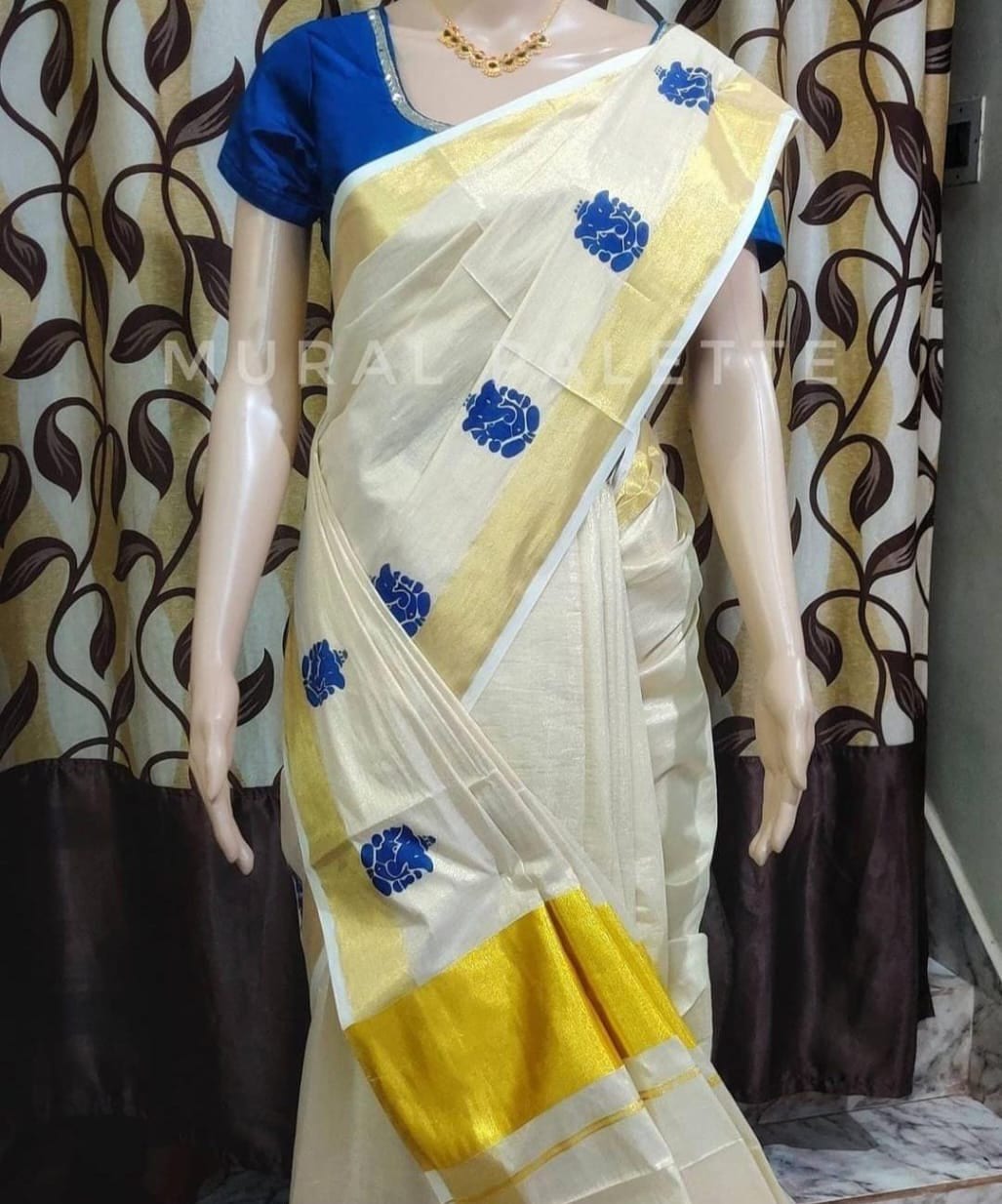 Ganesh Pattern Handpainted Kerala Saree