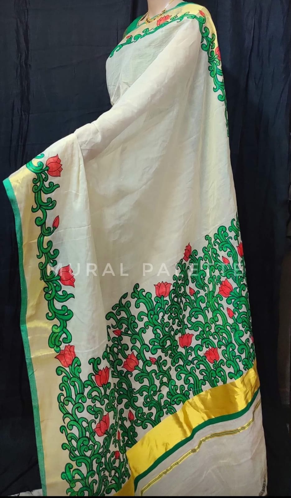 Red & Green Lotus Handpainted Tissue Kerala Saree