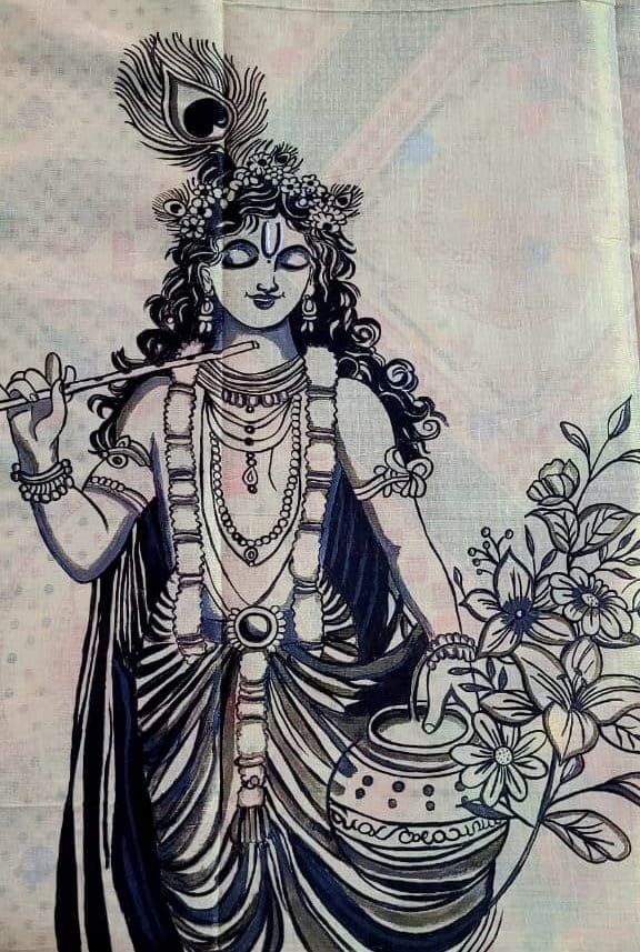 Krishna Line Art Handpainted Tissue Dhoti