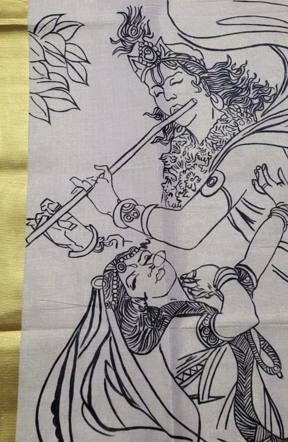 Radha Krishna Line Art Handpainted Tissue Dhoti