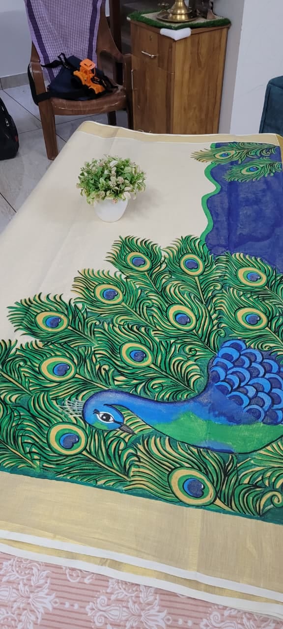 Mayilpeeli Theme Handpainted Tissue Kerala Saree
