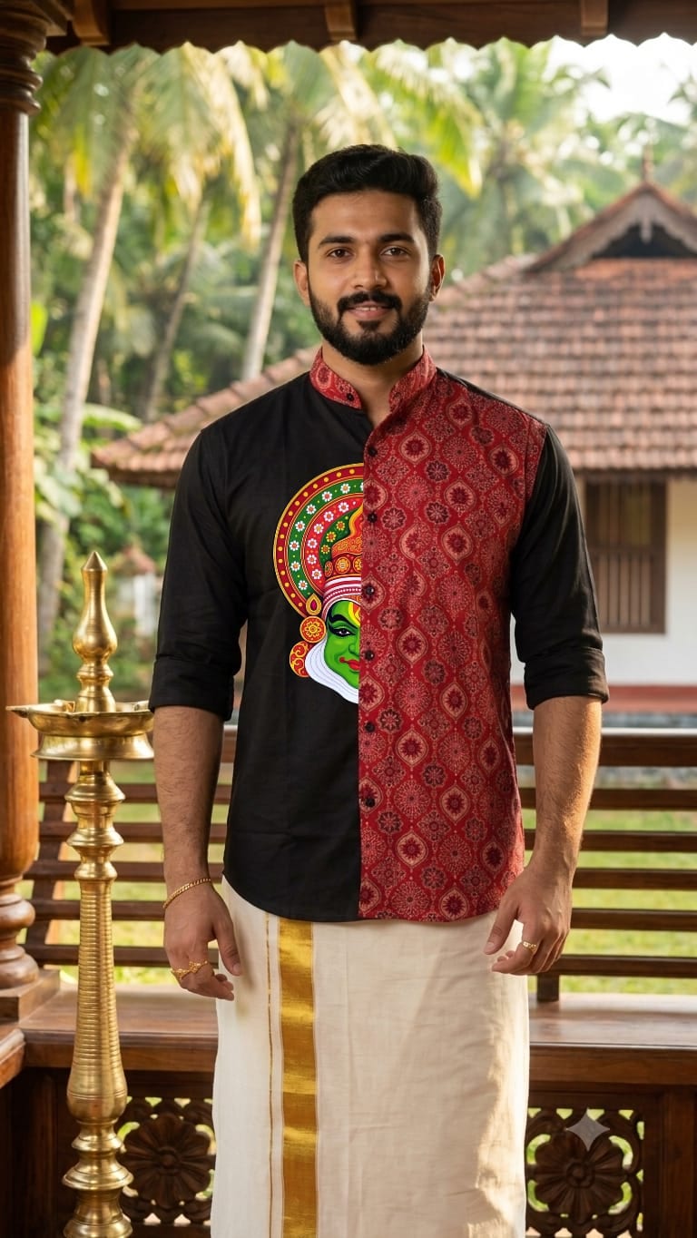Kathakali Printed Black & Red Ajrakh Panel Shirt