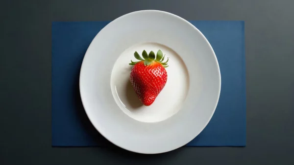 Single-Strawberry-on-a-White-Plate A single ripe strawberry on a white plate with a dark blue placemat underneath.