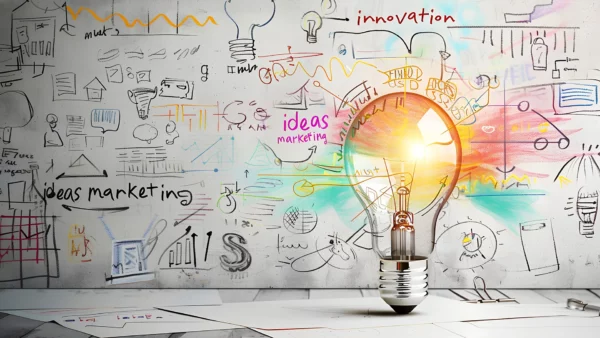 Creative Marketing Ideas and Innovation Concept with Light Bulb Illustration Light bulb illustration on a whiteboard with marketing ideas, sketches, and innovation concepts.