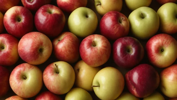 Colorful-Assortment-of-Fresh-Apples An array of fresh red and green apples arranged closely together.