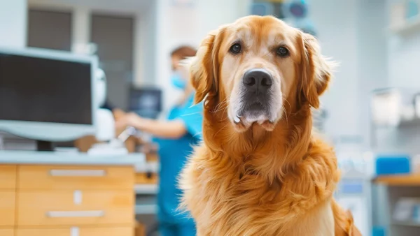 Golden-Retriever Dog-at-Veterinary-Clinic A golden retriever dog sitting in a veterinary clinic with medical equipment in the background