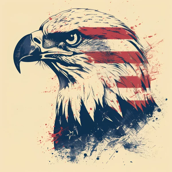 4th of July - American Bald Eagle with USA Flag Art Illustration Artistic illustration of an American bald eagle with the USA flag overlay.