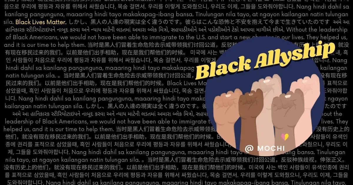 A circular graphic of five raised fists with the words “Black Allyship” is placed on the right side of a black background filled with words written in various languages.