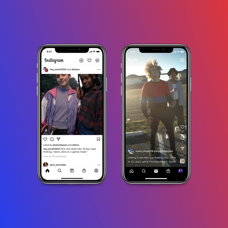 Two phones are set against a background that fades from blue to red. The phones display Instagram's latest feature called Collabs, where users can co-author posts..