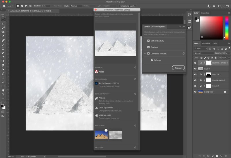 An image of snowy pyramids in the process of being edited in Adobe Photoshop. An open pop-up displays the Content Credentials, or metadata for the image.