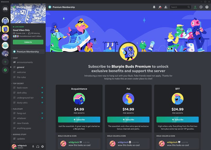 A desktop dashboard shows a black screen with illustrations and text supporting Discord’s new paid membership program.
