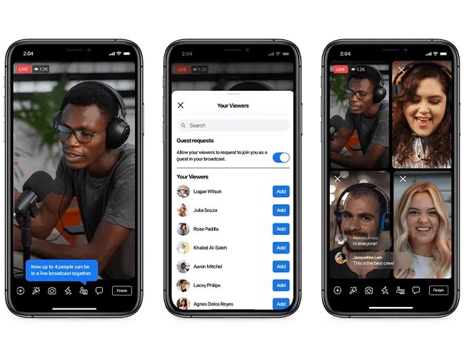 Three phones demonstrate how Facebook’s new Live With feature works. The first phone shows a man in headphones broadcasting live, a second phone shows a list of viewers watching the live event, and th