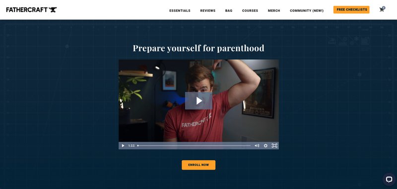 A screenshot of the Fathercraft course page displays a video against a blue background. The caption above the video reads “Prepare yourself for Parenthood,” and a call to action button below it reads