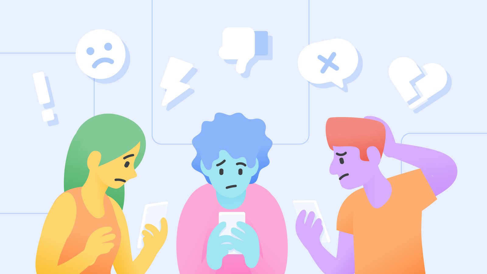 An illustration of three colorful characters frowning as they look down at their phones. Above them are graphical emoji characters that suggest negative or strong emotions.