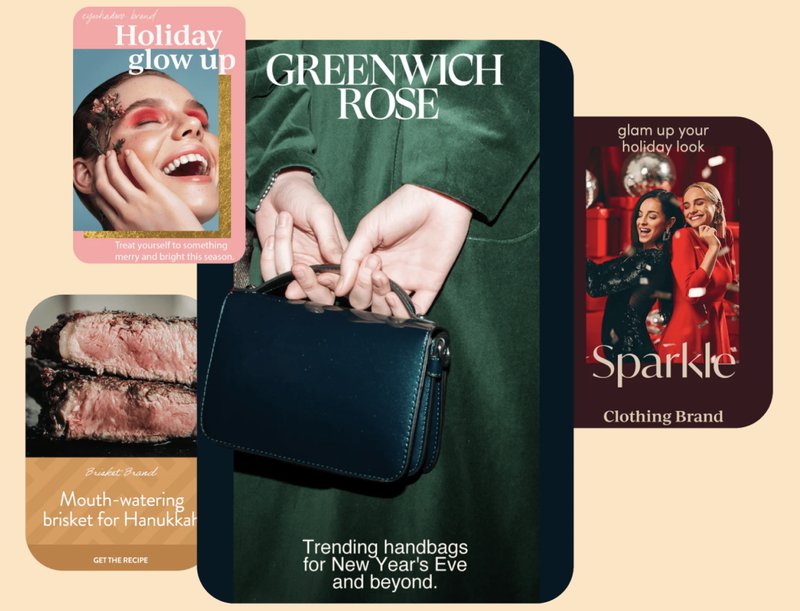 Four holiday-themed brand campaign Pins are set against a neutral background.