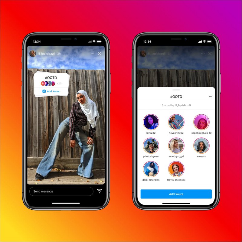 Two phones set against a bright red, orange and purple background illustrate how to use and view Instagram's new "Add Yours" Story sticker.