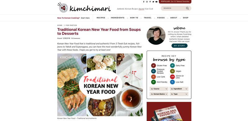 A screenshot of a Kimchimari blog post titled "Traditional Korean New Year Food From Soups to Desserts."