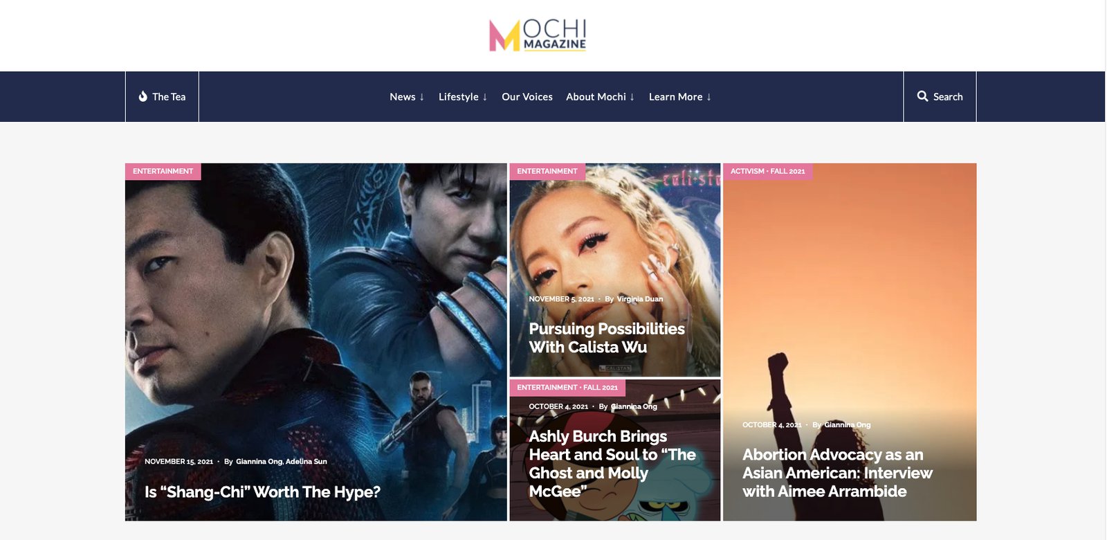 A screenshot of the Mochi Magazine homepage shows a selection of four articles under the website's navigation bar.