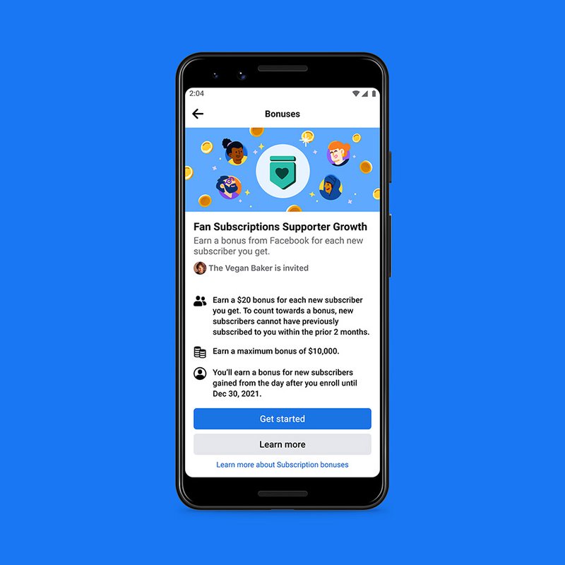 A phone set against a blue background displays details of Facebook's Fan Subscription Bonus Program