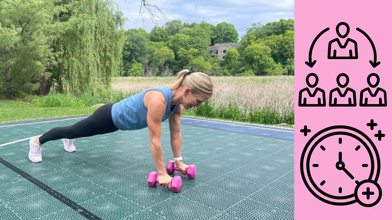 Chris Freytag, a fitness creator, exercises with two pink dumbbells. The right side of the image has two icons, the top representing outsourcing and the bottom representing time gained.