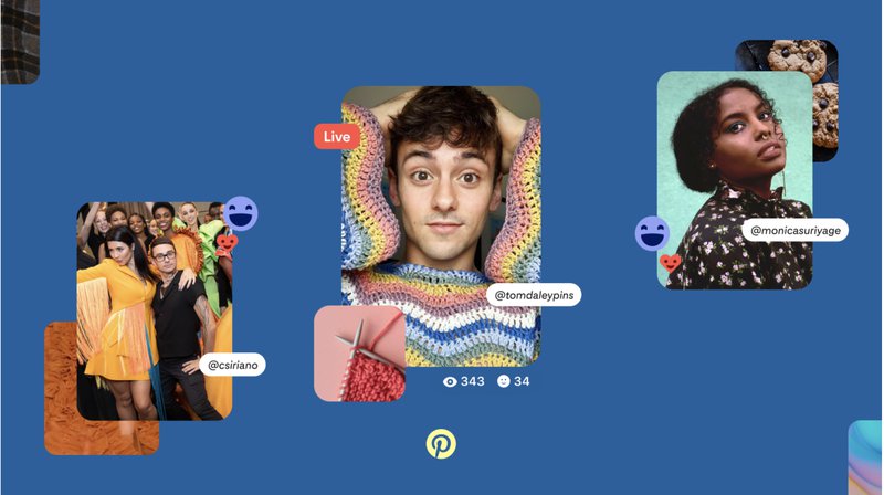 Three photos of people are staggered against a blue background with emoji designs overlayed on top of them. Images are of @csiriano, @tomdaleypins and @monicasuriyage