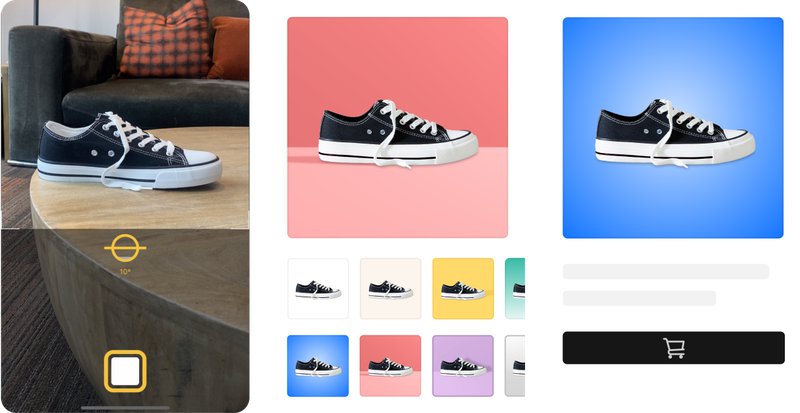 Three images of phones show a photo of a black sneaker being edited with a new background using the Square Photo Studio app.