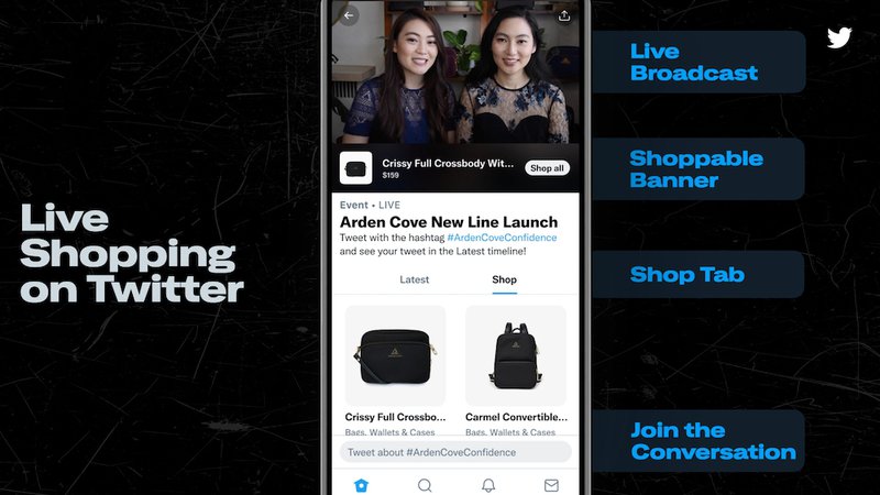 A phone against a black background shows the look and features of Twitter's Live Shopping events.