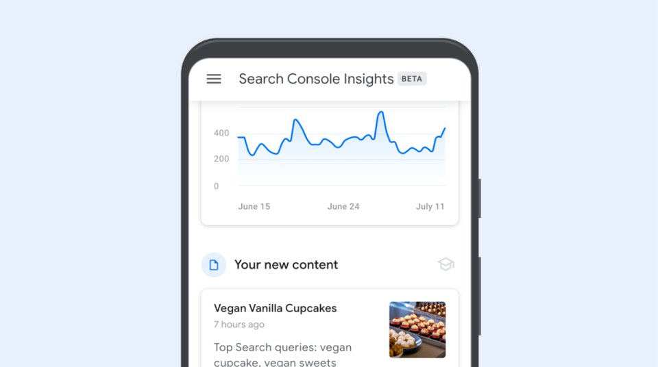 a mobile screen showcasing Search Console Insights dashboard