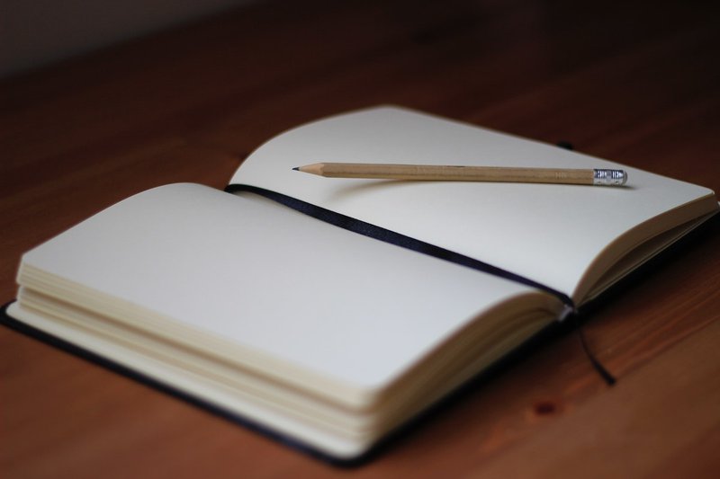A brown pencil sits atop a blank page in an open journal.