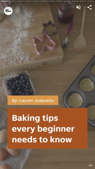 A flour dusted countertop with cookie cutters and baking tins with text "Baking tips every beginner needs to know"