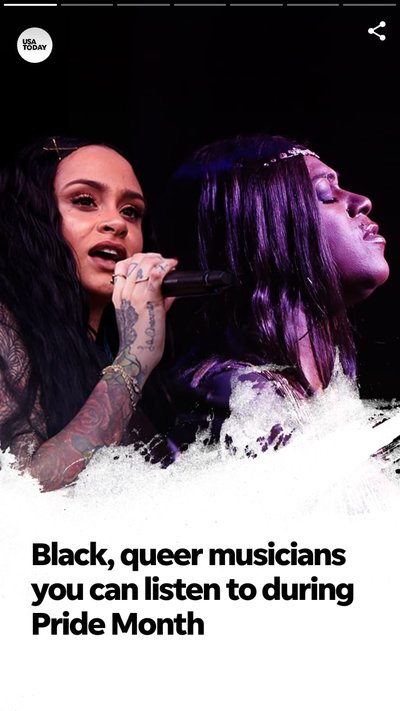 A close up of two people singing with text "Black,queer musicians you can listen to during Pride month"