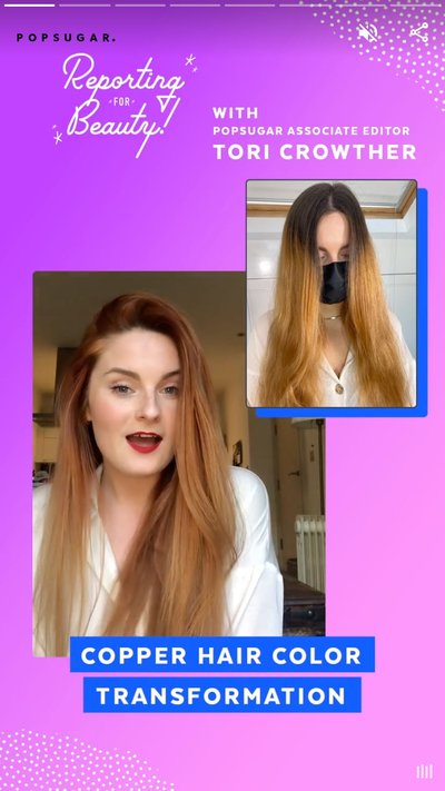 A person showing the transformation of their hair before and after being colored copper